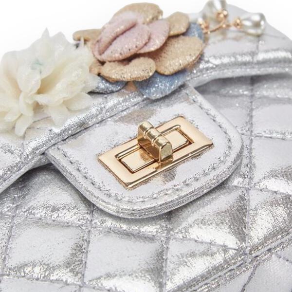 Girls' Floral Appliques Metallic Quilted Purse