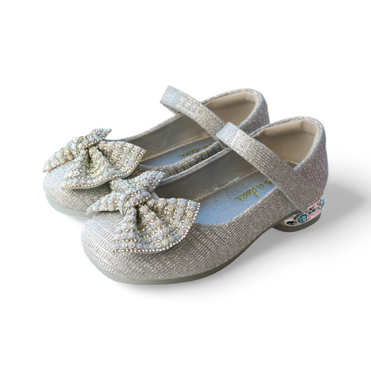Girls' Silver Stud Heel Bow Dress Shoe