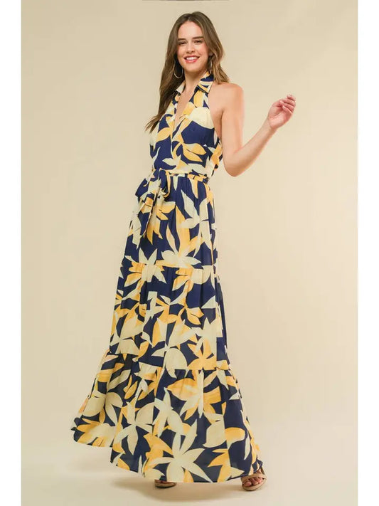 Floral Print Halter Summer Maxi Dress - Navy/Yellow