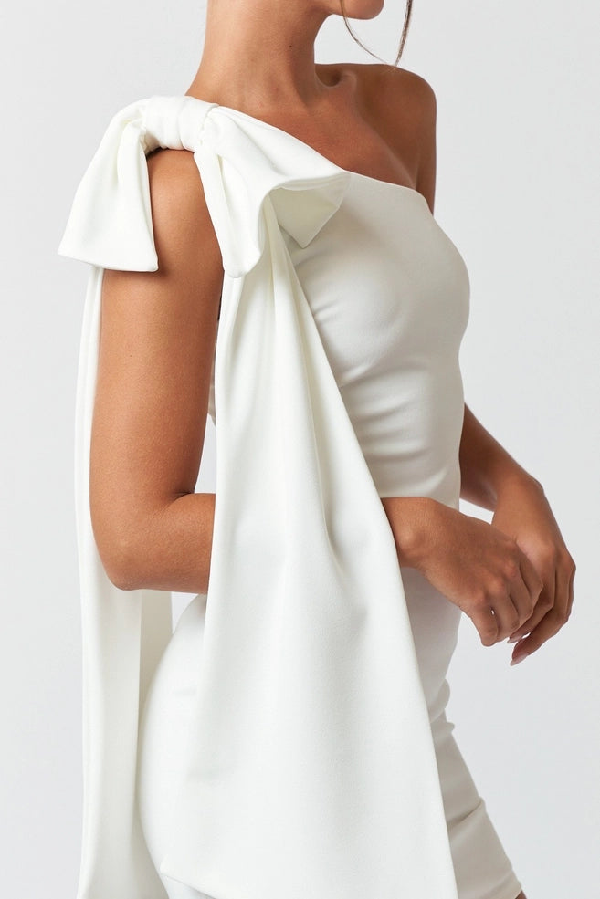 One Shoulder Statement Bow Mini Dress White