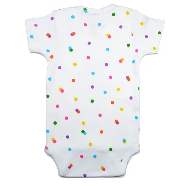 Back view of white baby onesie with colorful confetti polka dot pattern for 6-12 months