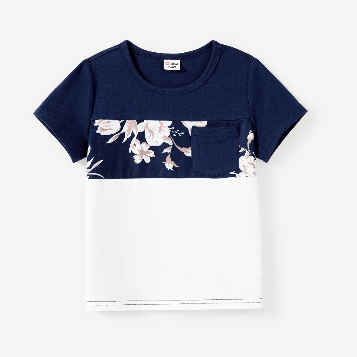 Boys' navy and white colorblock tee with blush floral panel and chest pocket - front view on white background
