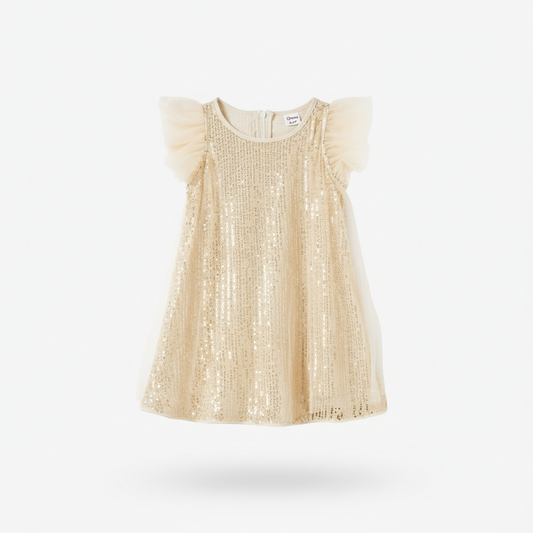 Girls' Champagne Gold Sequin Dress – Tulle Flutter Sleeves | Mommy & Me