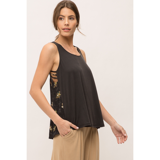 Mixed Media Strappy Racerback Tank – Charcoal Floral