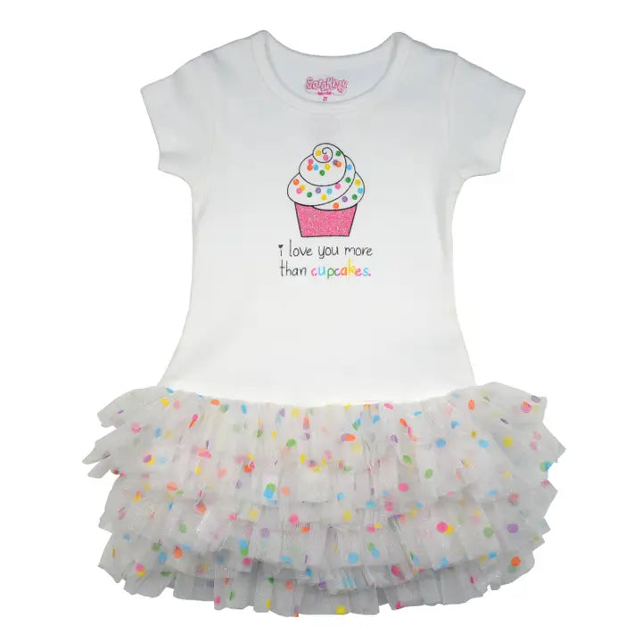 White shirt with cupcake design and text, paired with a colorful tutu skirt on a white background