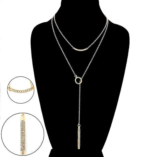 Double Layered Y-Shape Circle & Bar Necklace