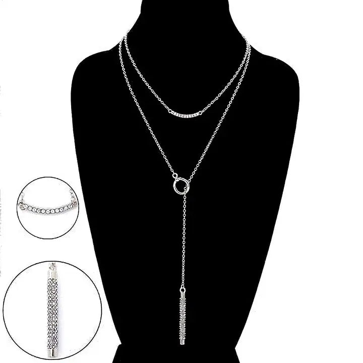 Silver double-layered Y-shape necklace with circle pendant and vertical bar drop