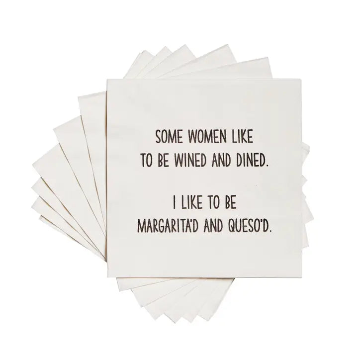 Stack of white cocktail napkins with humorous margarita'd and queso'd text for party entertaining