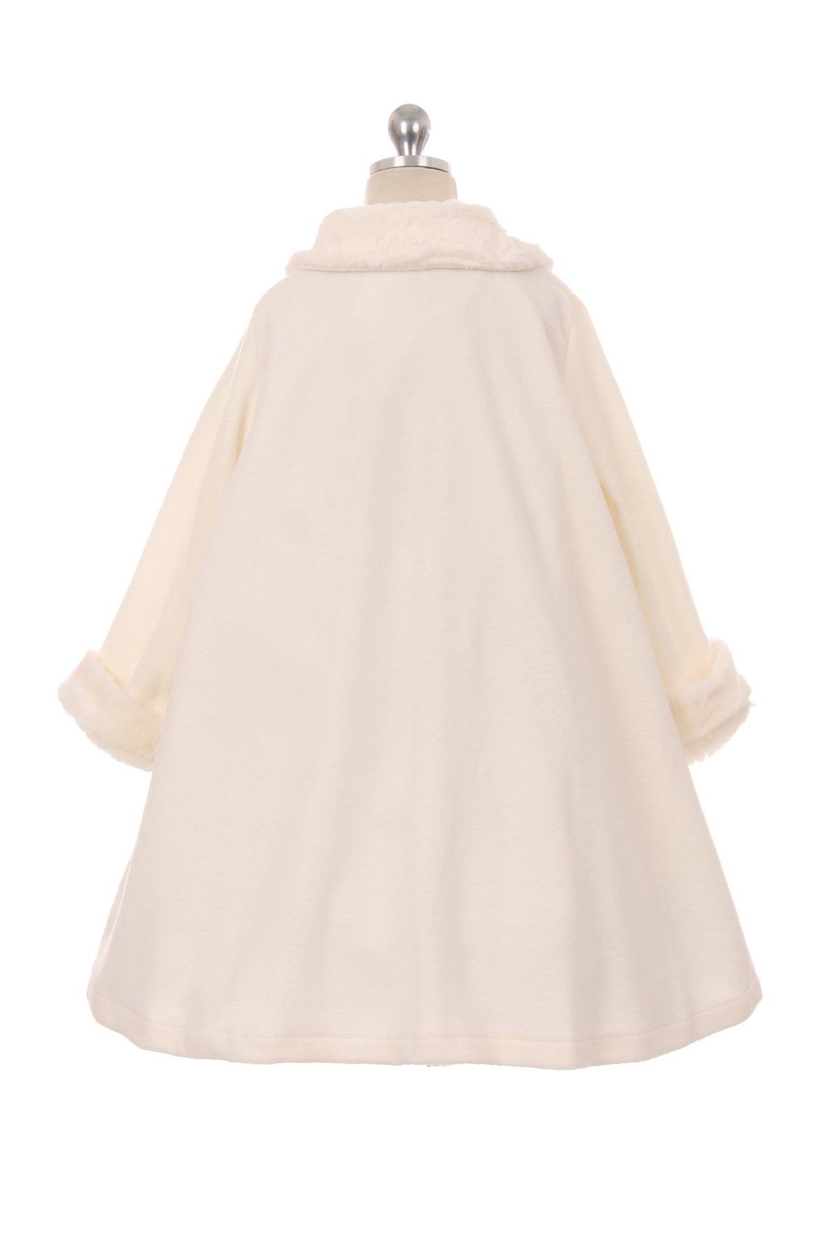 Back view of girls' ivory fleece cape-style coat showing flowing silhouette and faux fur trim, formal winter coat for weddings
