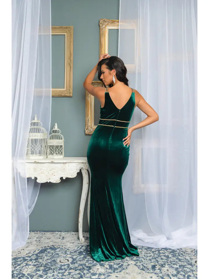 Rhinestone Strap Plunging Velvet Gown