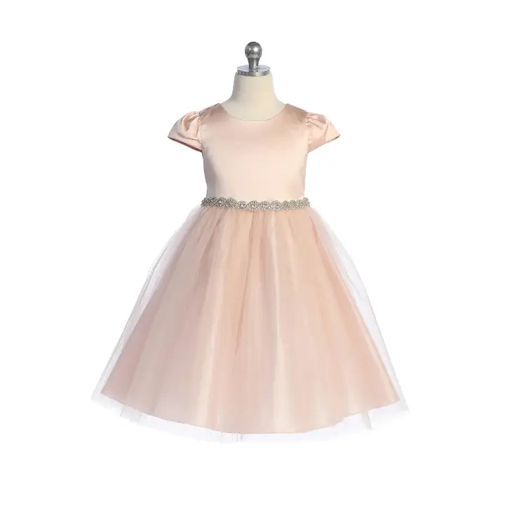 Girls' Capped Sleeve Satin Rhinestone Tulle Dress