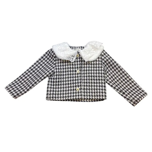 Girls' Lace Fur Collar Houndstooth Jacket