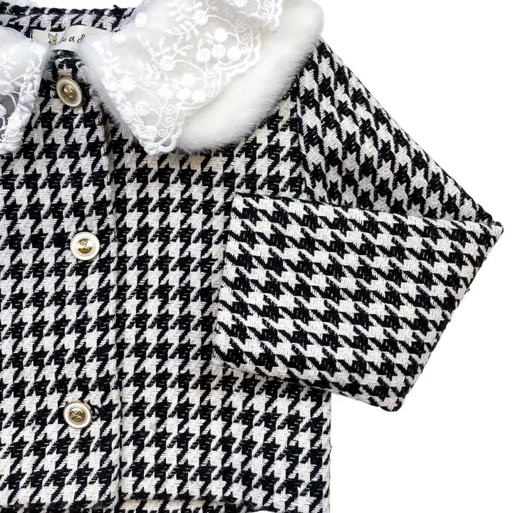 Girls' Lace Fur Collar Houndstooth Jacket
