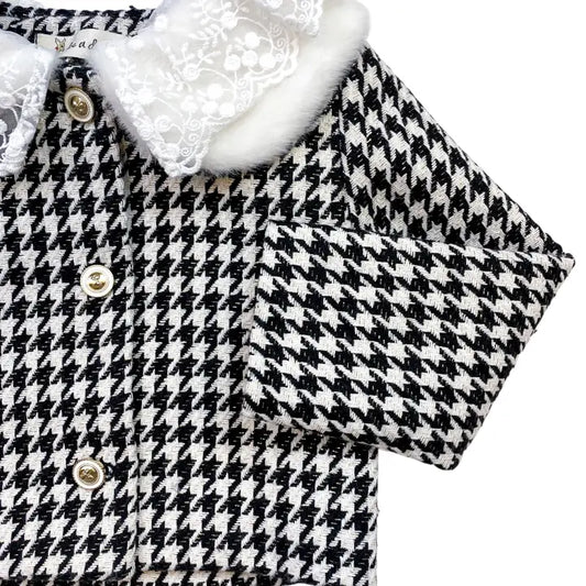 Girls' Houndstooth Tweed Jacket – Lace Fur Peter Pan Collar & Gold Buttons