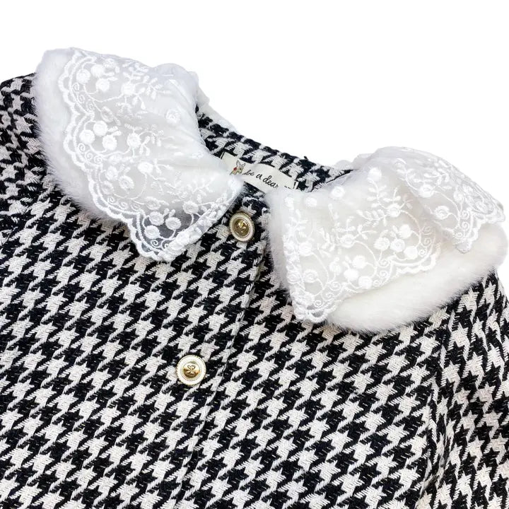 Girls' Lace Fur Collar Houndstooth Jacket
