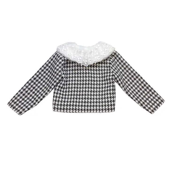 Girls' Lace Fur Collar Houndstooth Jacket