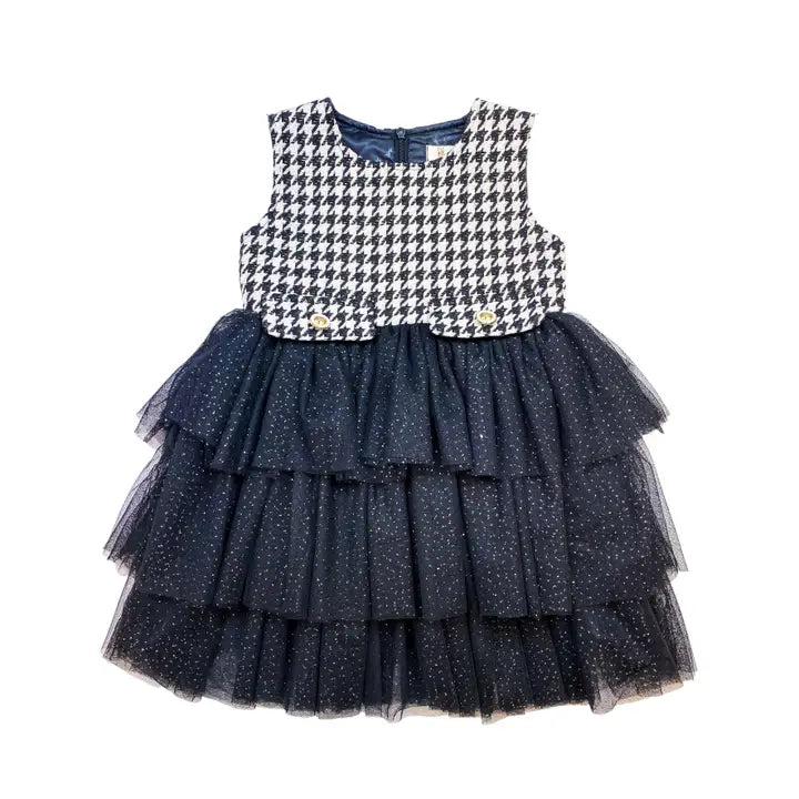 Girls' Houndstooth & Tulle Tiered Dress
