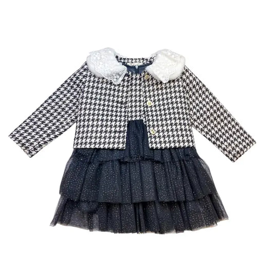 Girls' Lace Fur Collar Houndstooth Jacket