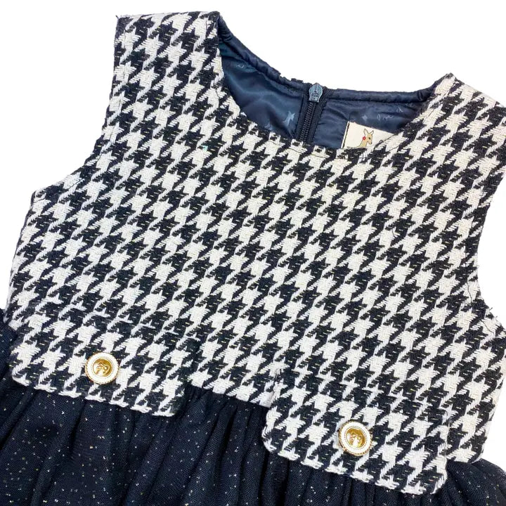 Girls' Houndstooth & Tulle Tiered Dress