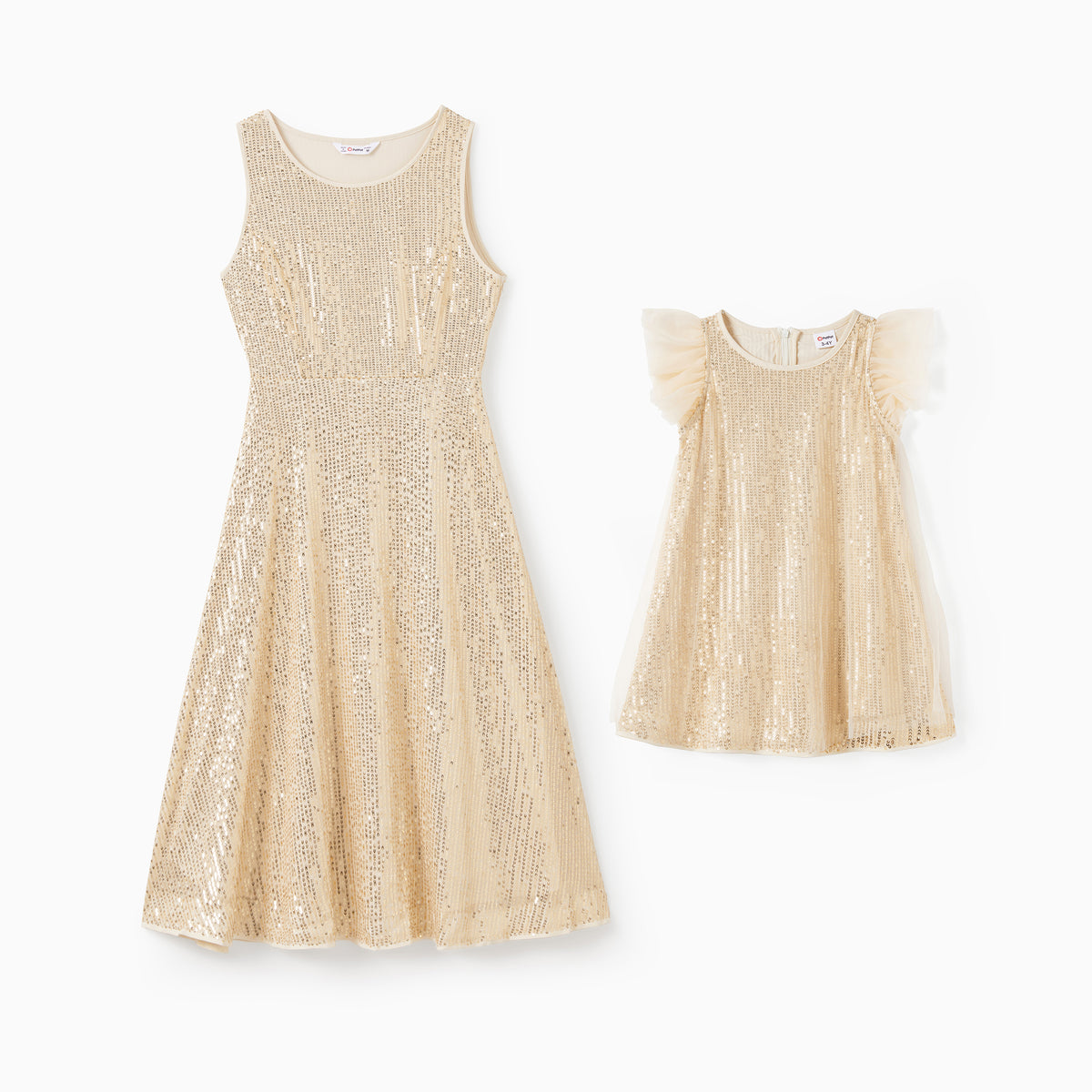 Girls' Champagne Gold Sequin Dress – Tulle Flutter Sleeves | Mommy & Me