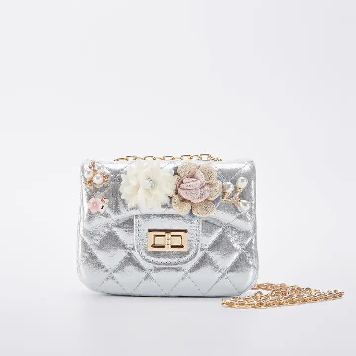 Girls' Floral Appliques Metallic Quilted Purse