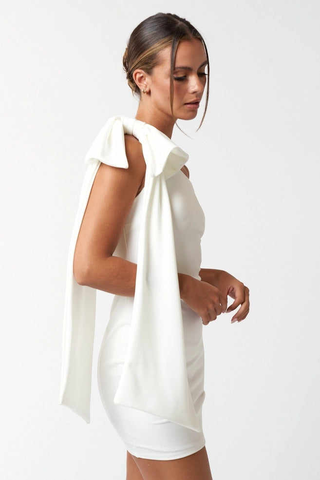 One Shoulder Statement Bow Mini Dress White