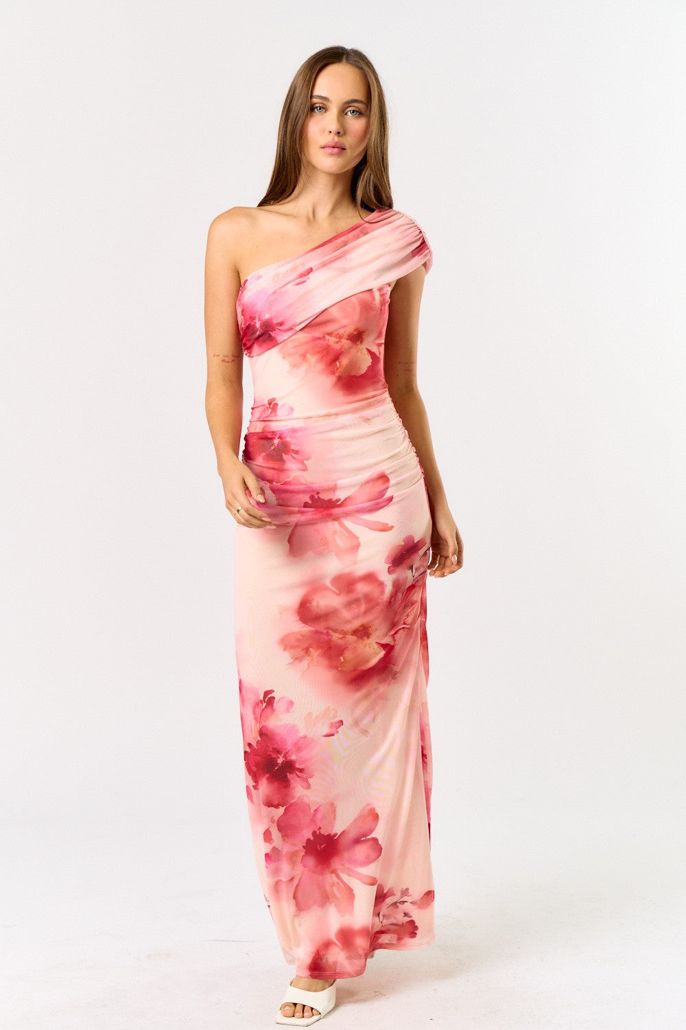 Blush Floral One-Shoulder Ruched Maxi Dress Wedding Guest & Formal Style S Blush Floral One-Shoulder Ruched Maxi Dress Wedding Guest & Formal Style S