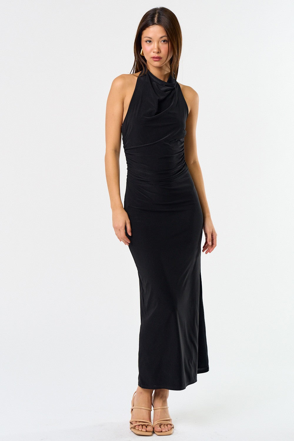 Black Halter Midi Dress | Sleek Bodycon Silhouette M