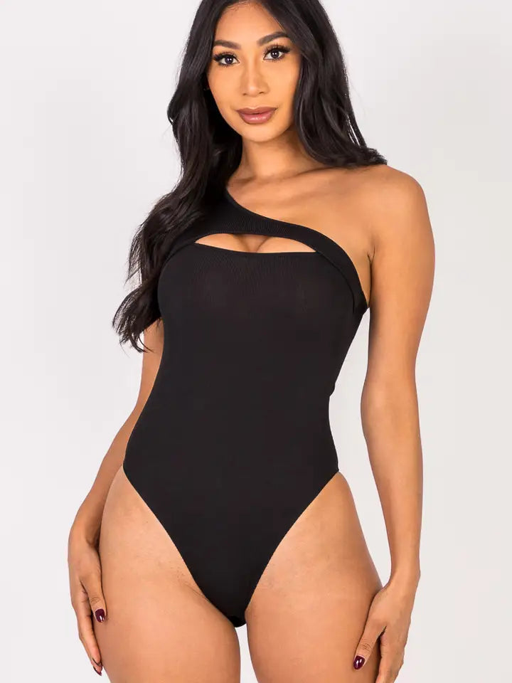 Ribbed Knit Cut-Out One Shoulder Bodysuit - Black