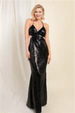 Black sequin gown with waist cutout details, spaghetti straps, and plunging V-neckline, full-length view showing floor-length silhouette