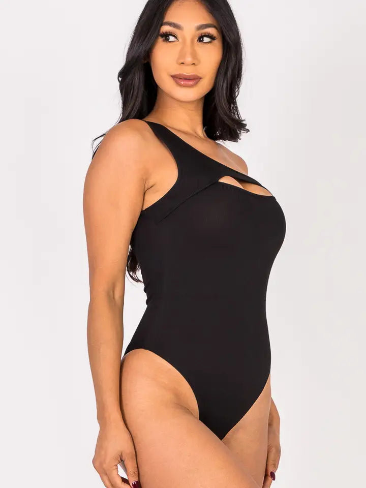 Ribbed Knit Cut-Out One Shoulder Bodysuit - Black
