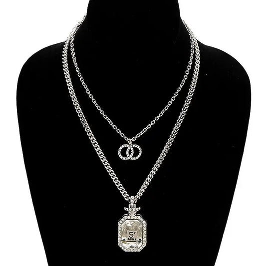 Layered Glass Perfume and Double O Luxury Necklace - Silver/Clr