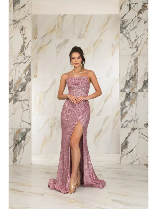 Spaghetti Strap Drape Neck Sequin Gown