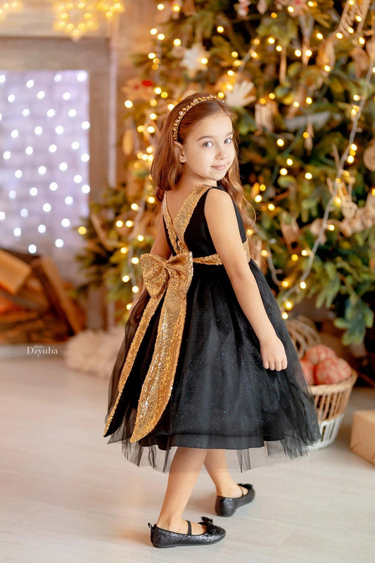 Girls' Sequin Back V Dress Black