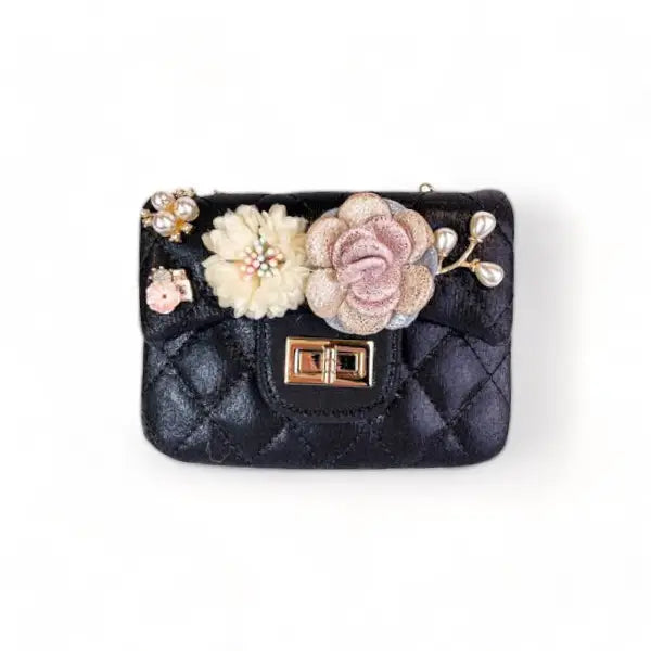 Girls' Floral Appliques Metallic Quilted Purse