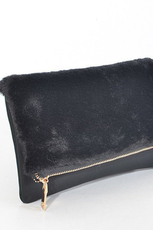 Faux Fur Foldover Zipper Clutch
