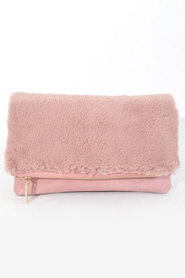 Faux Fur Foldover Zipper Clutch
