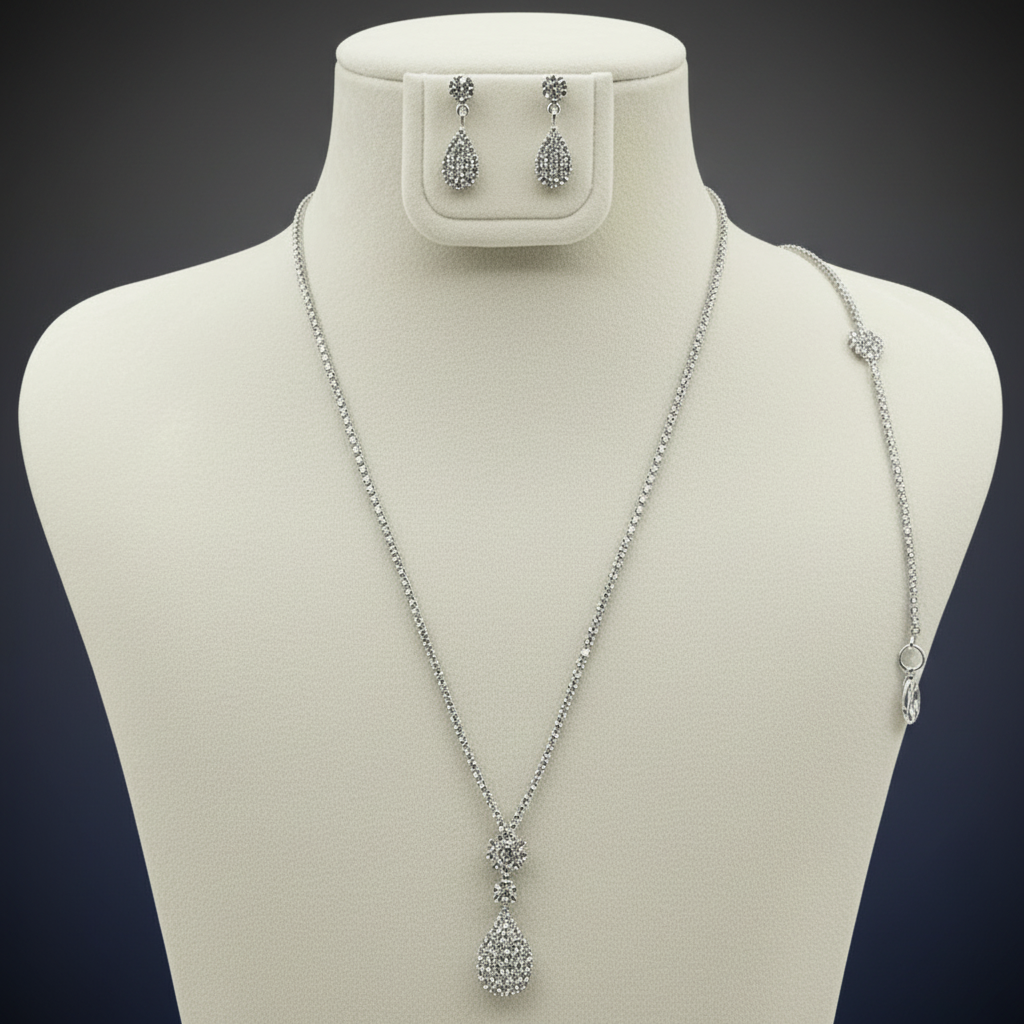 Jewelry set with necklace and earrings on a mannequin bust.