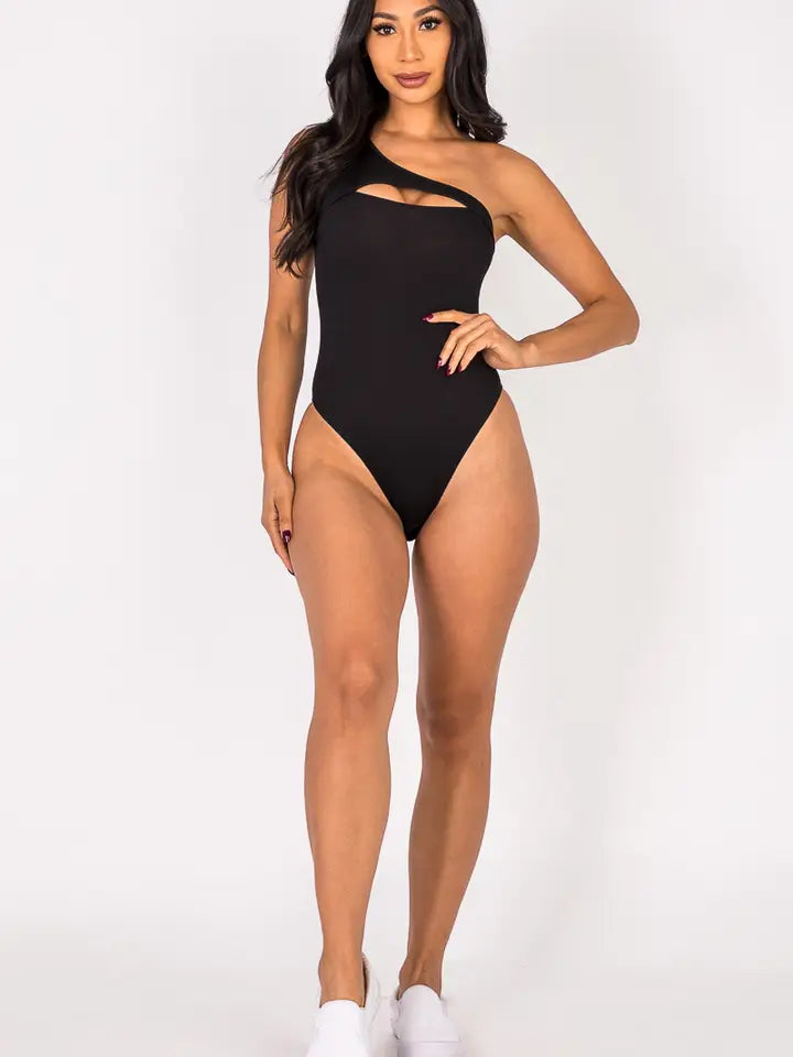 Ribbed Knit Cut-Out One Shoulder Bodysuit - Black