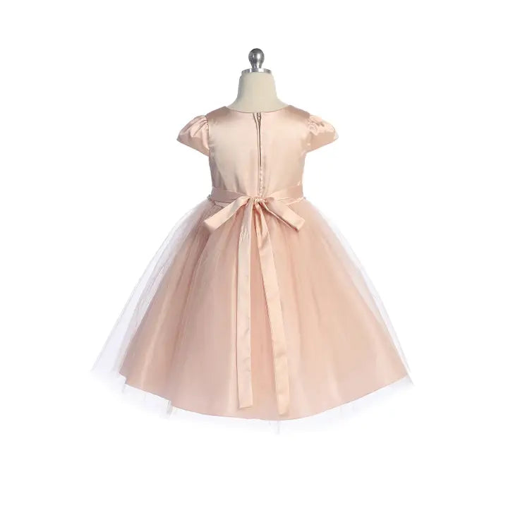 Girls Blush Cap Sleeve Satin & Tulle Flower Girl Dress
