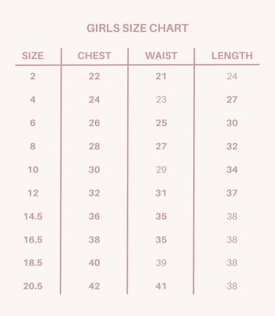 Girls size chart with chest, waist, and length measurements on a pink background