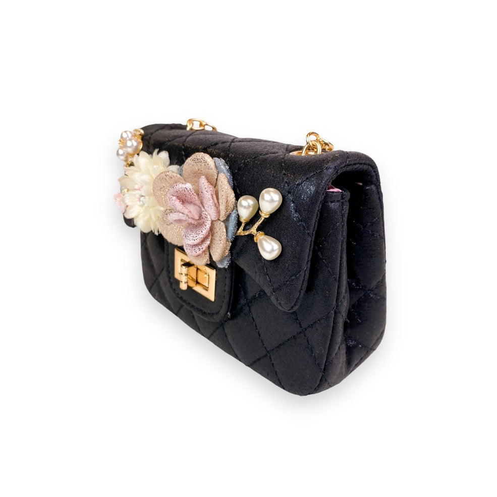 Girls' Floral Appliques Metallic Quilted Purse