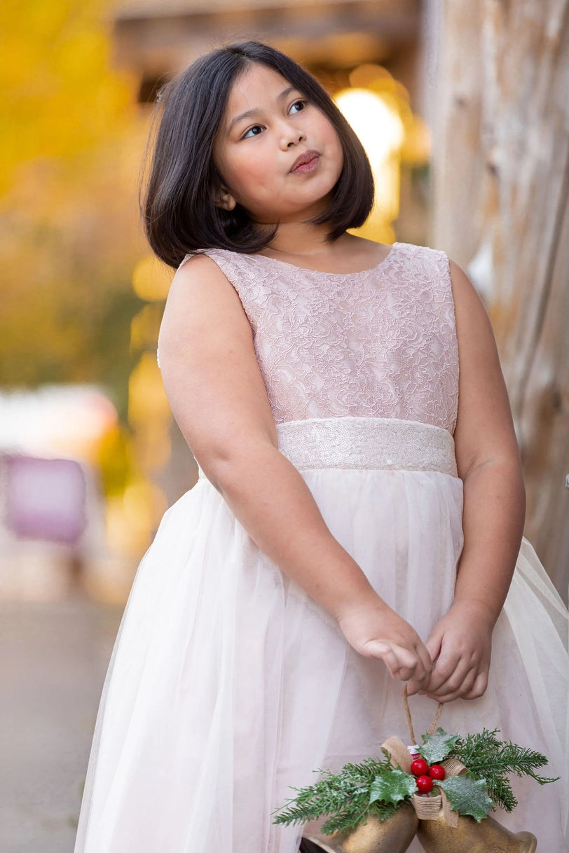 Girls' Lace Sequin Back V Dress