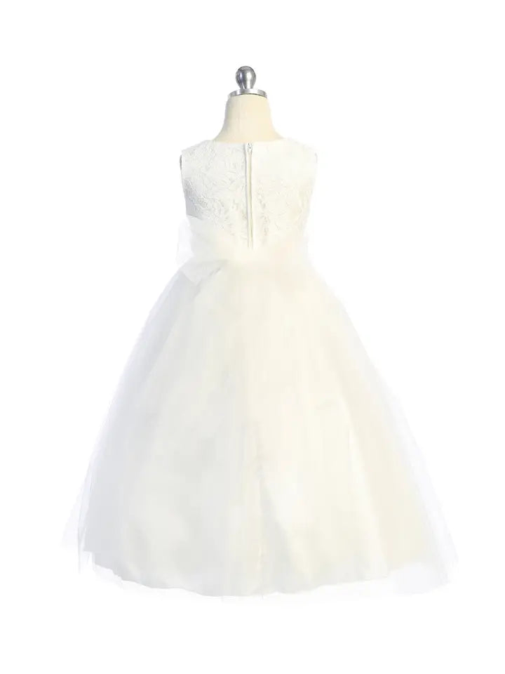 Girls' Long Lace Gown w/Thick Rhinestone Trim White