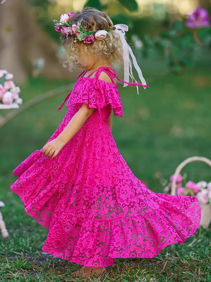 Girls' Pink Floral Lace Hi Lo Cold Shoulder Maxi