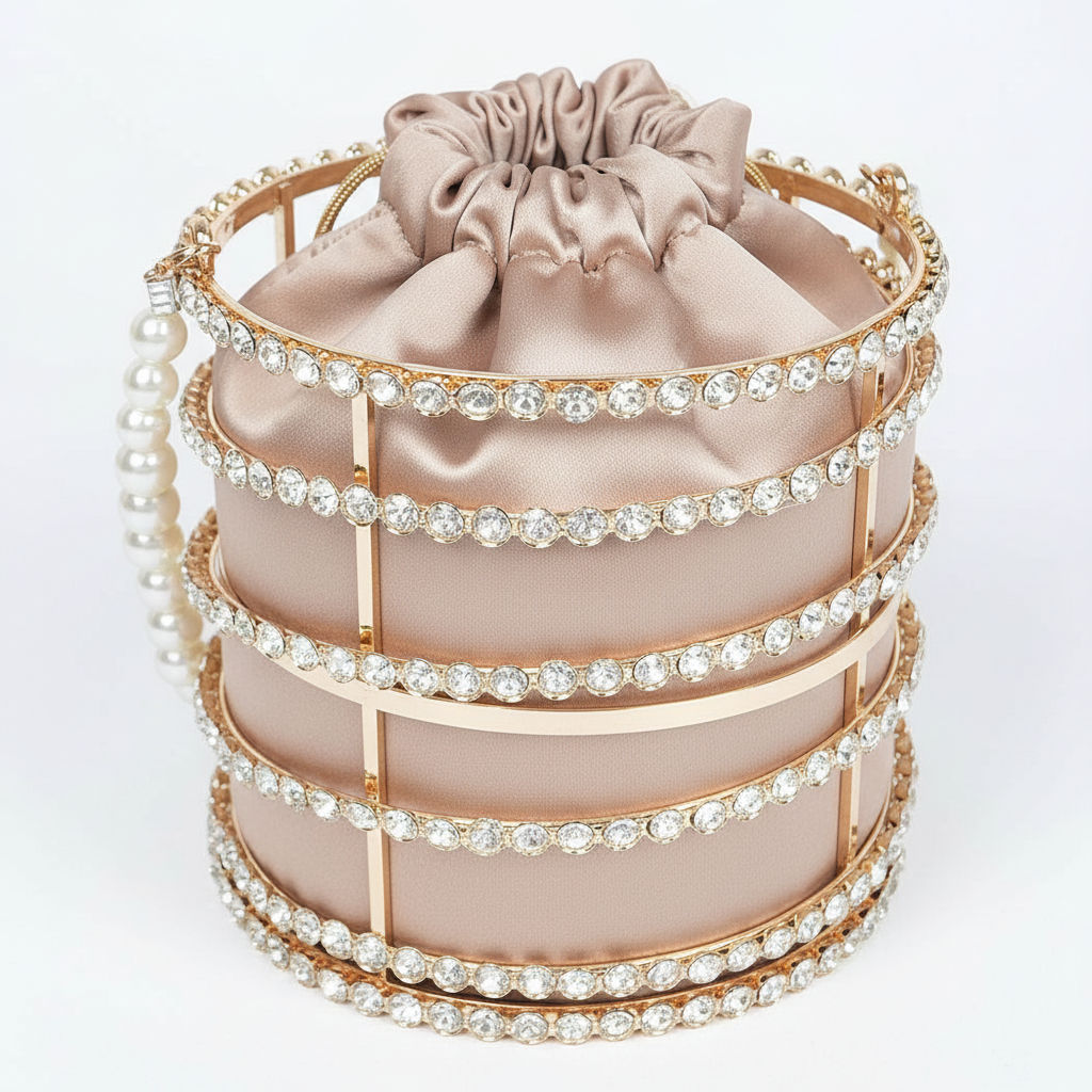 Rhinestone Pearl Cage Bucket Clutch - Gold Evening Bag