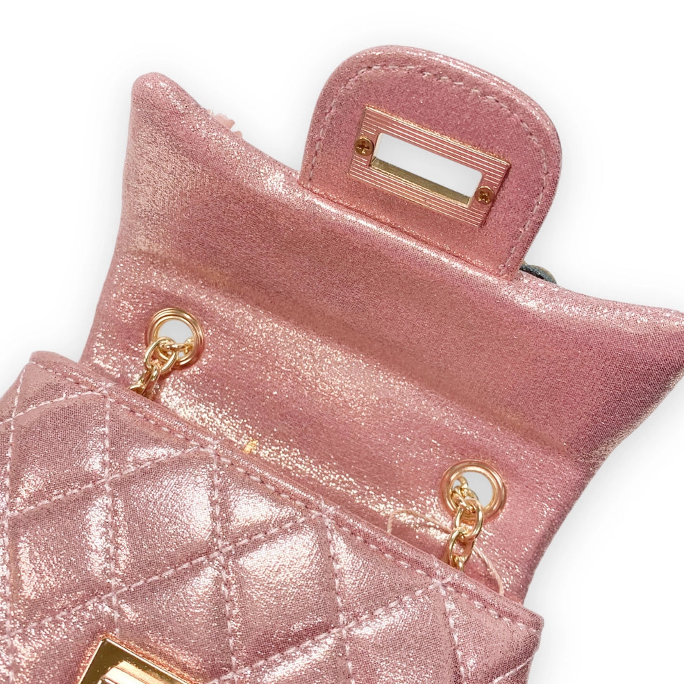Girls' Floral Appliques Metallic Quilted Purse