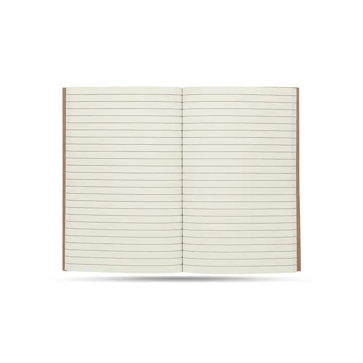 Open kraft notebook showing lined pages for writing and journaling