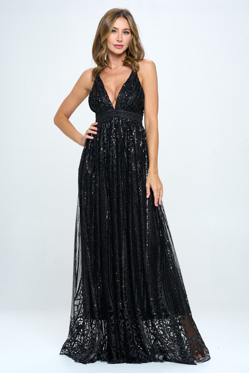 Sequin Glitter X Back Formal Gown