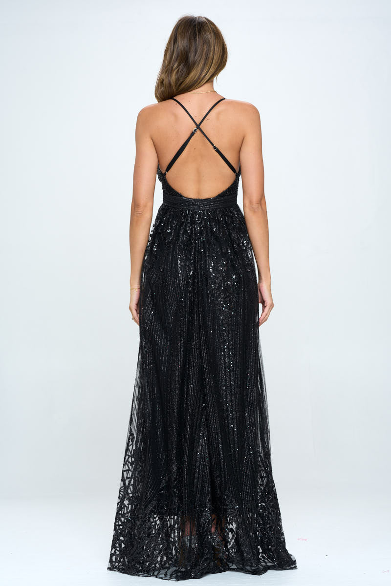 Sequin Glitter X Back Formal Gown